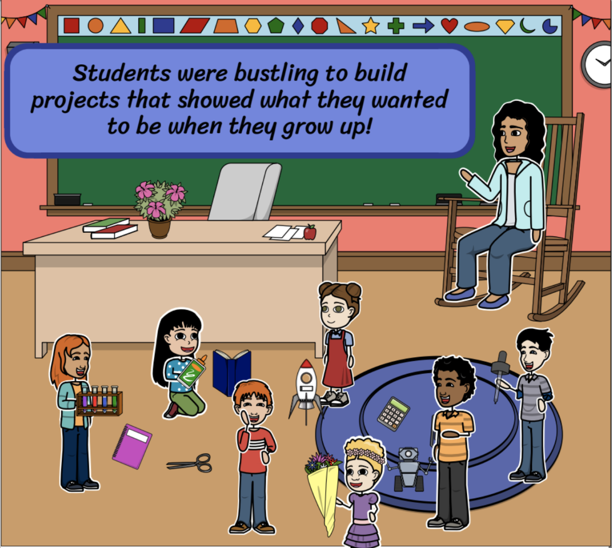 Image of teacher watching students build their projects of what they want to be when they grow up